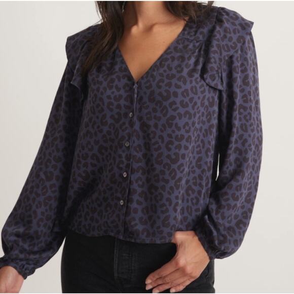 Marine Layer Rory Long Sleeve Ruffle Animal Print Blouse Large - Picture 1 of 10